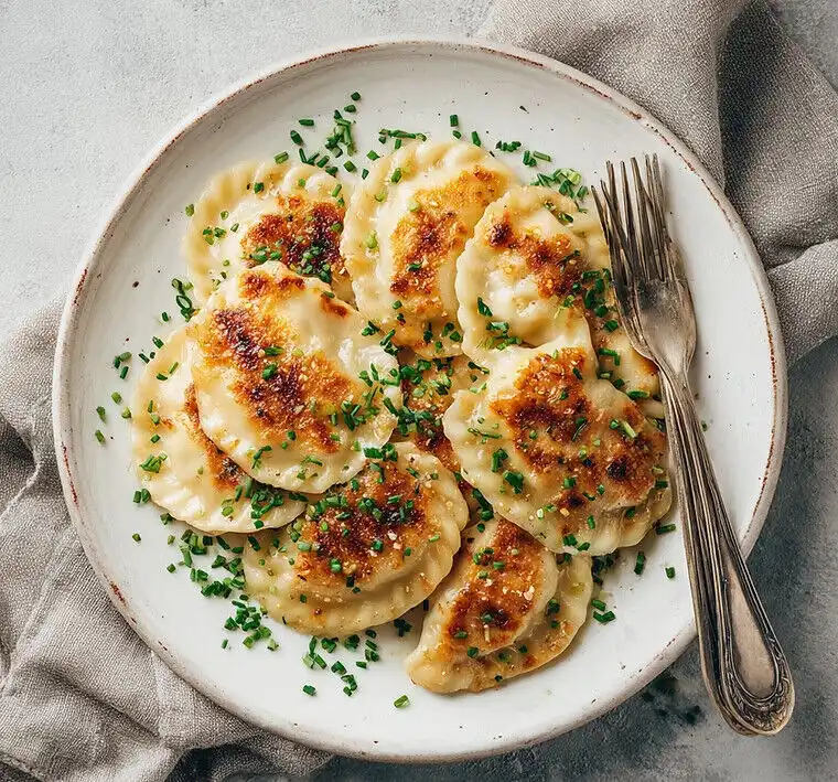 Domowe pierogi podane na białym talerzu